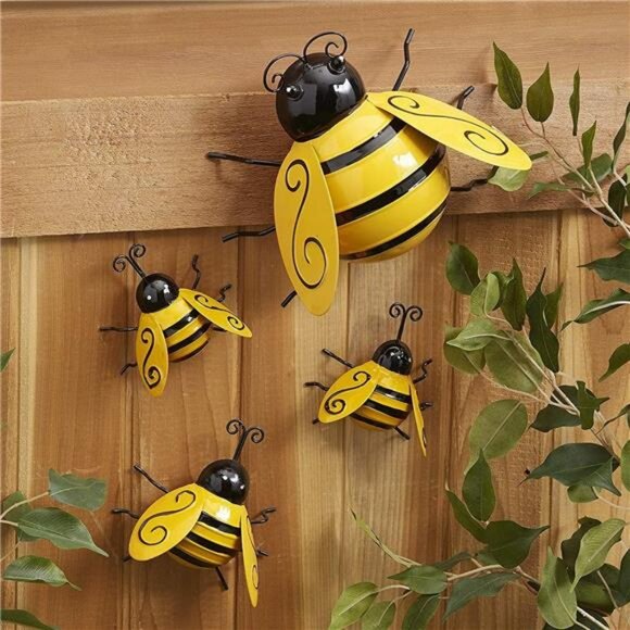 Metal Wall Art, 4PCS Metal Bumble Bee Wall Decor, 3D Iron Bee Art Art Sculpture
